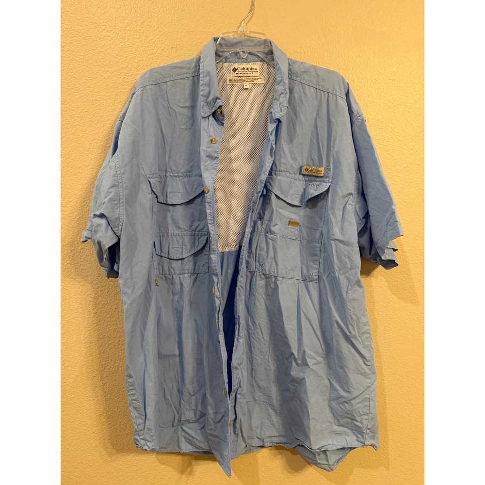 Columbia PFG Bahama II Fishing Shirt Mens XL Light Blue Short Sleeve Button Down